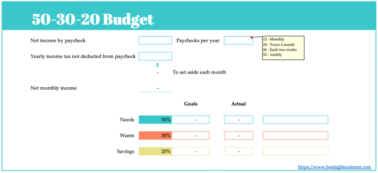 Monthly 50/30/20 Budget Calculator
